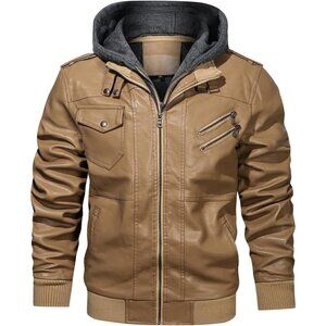 🆕 Hood Crew PU Faux Leather Zipper Jacket Men Brown Stand Collar Bomber Hood